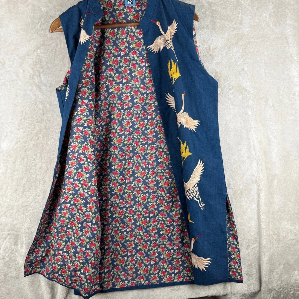 Vintage Blue Embroidered Crane Longline Vest Floral Lined Boho Asian Art